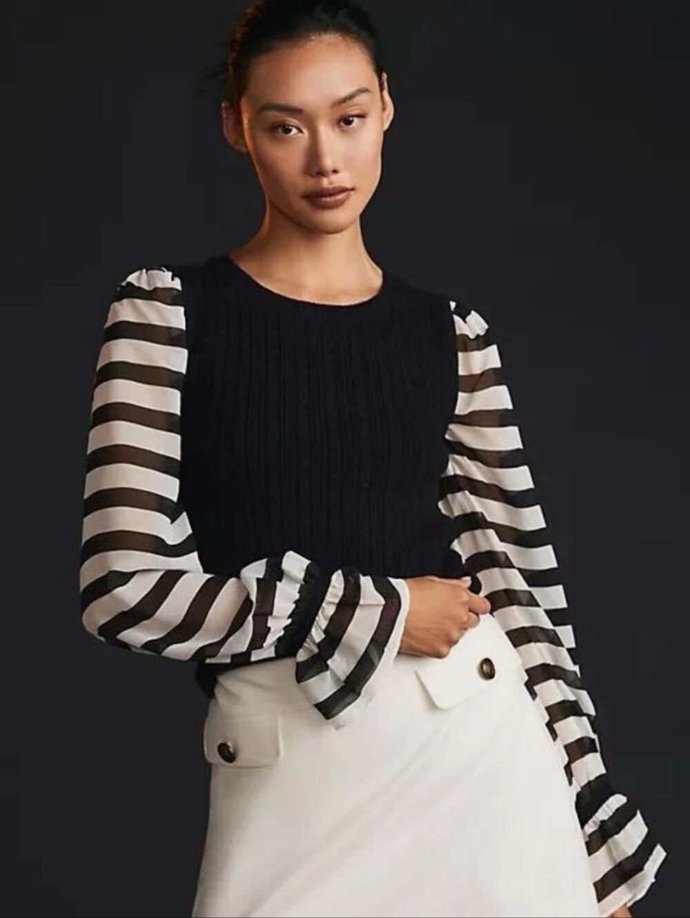 NWOT Maeve Striped Contrast-Sleeve Sweater